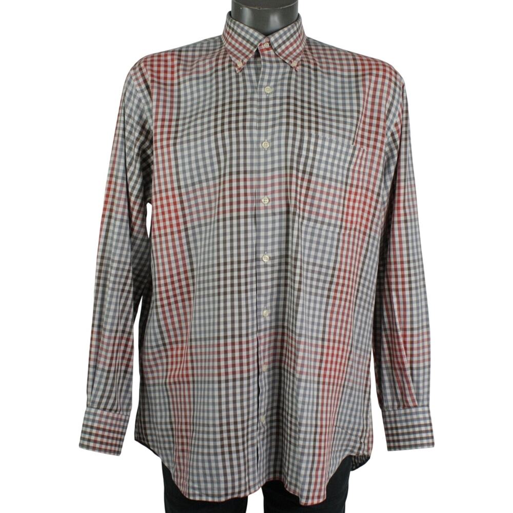 Vintage Peter Millar Button Up Casual Shirt L Orange & Gray Plaid Long Sleeve